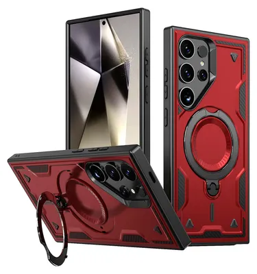Immagine prodotto di Custodia a doppio strato per Samsung Galaxy S25 Ultra, custodia protettiva militare magnetica con anello in metallo e supporto Rosso