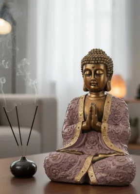 A Buddha statue is placed on a table with incense sticks burning next to it, creating a serene atmosphere.