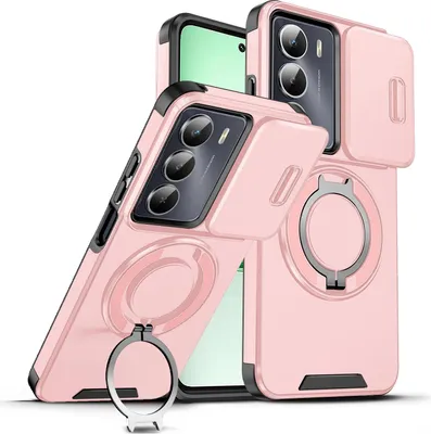 Immagine prodotto di Custodia a doppio strato per Realme C75 4G, copertura scorrevole della fotocamera e supporto ad anello magnetico Rosa
