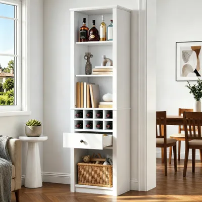Zdjęcie produktu dla Szafka witryna z oświetleniem LED, wymiary 55x40x200 cm, wykonana z MDF w kolorze białym. Posiada otwarte półki, wnęki na wino i szufladę. Idealna do salonu, kuchni lub jadalni