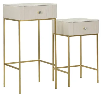 Obrázok produktu pre Sada 2 vysokých štvorcových svadobných stolíkov v krémovej a zlatej farbe, rozmery 45 x 45 x 90 a 40 x 40 x 70 cm