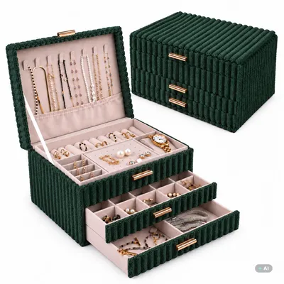 Produktbild von Schmuckbox, Schmuckschatulle, Schmuckkästchen, Schmuck Organizer, mit 3 Ebenen, 2 Schubladen, für Ringe, Halsketten, Ohrringe, Armbänder, Grün
