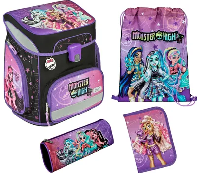 A collage of school supplies featuring Monster High characters.