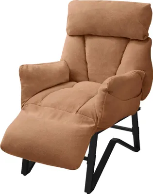 A brown recliner chair with a black metal frame, shown from a slightly angled front view against a white background.