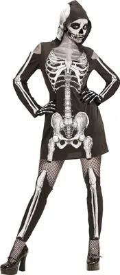 Produktbild von Figur betontes Skelett-Kleid für Frauen Knochenfrau Gerippe Schwarz-Weiß in Größe M (38/40)