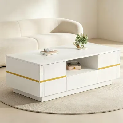 Imagen del producto de MODFU, mesa de centro de 100 x 50 x 35,5 cm, mesa auxiliar para sofá con 2 puertas, un cajón y un compartimento abierto, mesa de salón de alto brillo en blanco con detalles dorados