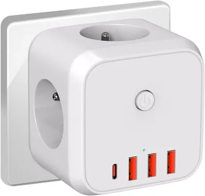 Produktbild von Kubusvormig 7-fach Steckdosenblock 3 x 230V - 4000W mit Schalter - für Wohnzimmer - Büro und Schlafzimmer