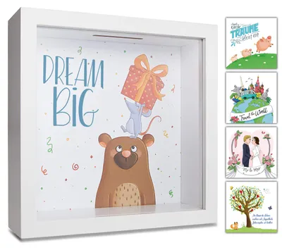 Produktbild von Spardose für Kinder mit dem Aufdruck „Träume groß“ und 3D-Fotorahmen