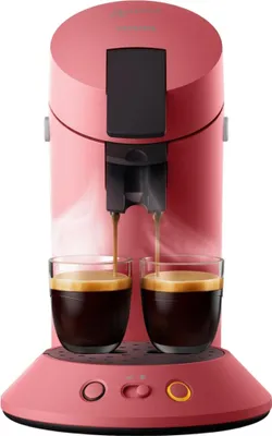 A pink coffee maker brewing coffee into two clear glasses.