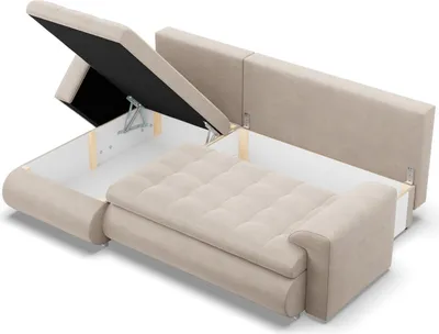 A beige sectional sofa with its storage compartment open, revealing the interior.
