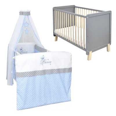 Produktbild von Babybett Kinderbett Gitterbett Lou 60x120 Grau Natur Schutzgitter Matratze Bettwäsche Set 10tlg  Prince Stars