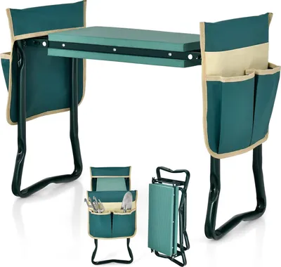 Produktbild von GOPLUS 2 in 1 Garten Arbeitshocker, klappbarer Gartenhocker mit Werkzeugtasche & Eva-Schaumkissen, bis zu 150kg Belastbar (mit 2 Werkzeugtaschen, Grün)