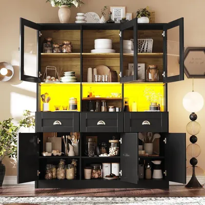 Immagine prodotto di Armadio alto per cucina con LED e porta in vetro, dispensa con ripiani regolabili e cassetti, mobile vetrina 140x40x175 cm, colore nero