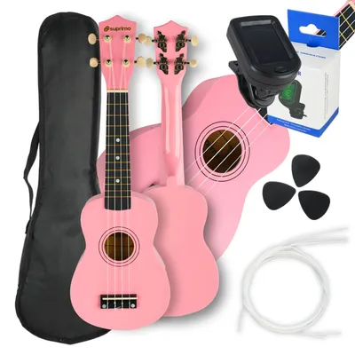 Productafbeelding van SUPRIMO UK21 SET PK Sopraan-ukelele 21" met roze houten koffer, 3 plectrums, reserve snaren, stemapparaat, leerset voor kinderen
