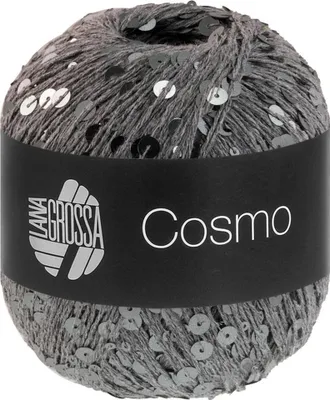 A ball of grey yarn with silver sequins, with a black label.