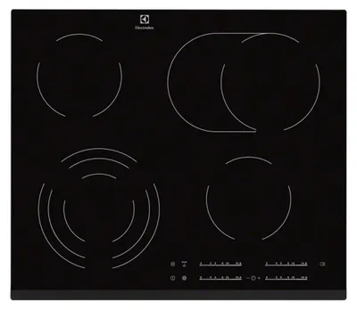 A top-down view of a black glass ceramic induction hob with four cooking zones and control panel.