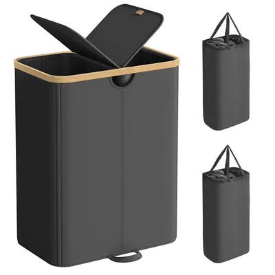 A laundry basket with two compartments and a lid, shown from the front. Two folded versions of the basket are shown on the right side of the image.
