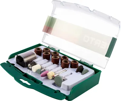 Produktbild von VERTO Zubehör für Minischleifer, Schleifsteine x 5 Stück, Schleifbänder 12,7 mm x 8 Stück, Schleiftrommel x 1 Stück, Schaft 3,2 mm, Trenn- und Schleifscheiben x 56 Stück, Satz 71 Stück.