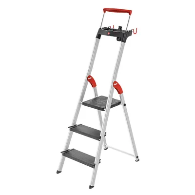 Produktbild von Hailo L100 Topline Alu-Sicherheits-Stehleiter - 3 XXL-Stufen bis 150 kg - Stehleiter mit ausziehbarem Haltebügel, Plattformverriegelung - viel Zubehör - klappbare Aluleiter  Germany - schwarz