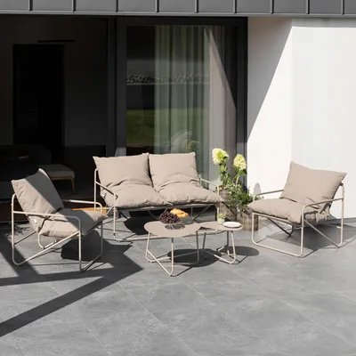Produktbild von di volio Gartenmöbel Set DIAMANTO - Beige, Gartenlounge Set mit Sofa, Sesseln i 2 Beistelltischen, wetterfeste Gartengarnitur für Terrasse i Balkon