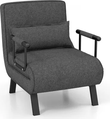 A dark gray armchair with a pillow on it, shown from a front-diagonal angle on a white background.