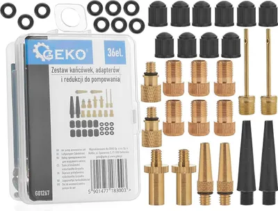 Immagine prodotto di Kit-set gonfiaggio palloni biciclette, accessori per gonfiare pneumatici, adattatore per valvola, 36 pezzi Geko