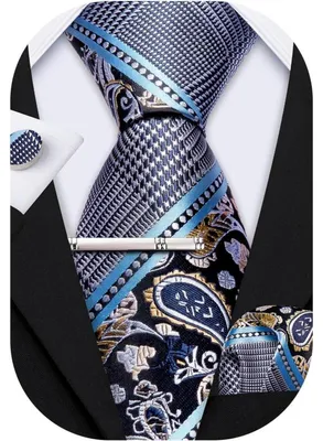 Image de Ensemble de cravates pour hommes, en soie, motifs Paisley et floraux, bleu et gris, comprenant une pochette de costume et des boutons de manchettes