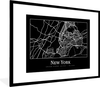 Produktbild von MuchoWow® Gerahmtes Poster Karte - New York - Stadtplan - Karte 80x60 cm - Poster mit Schwarzem Bilderrahmen Wandposter Rahmen Foto Bilder - Schlafzimmer-Dekorationen - Fotoposter