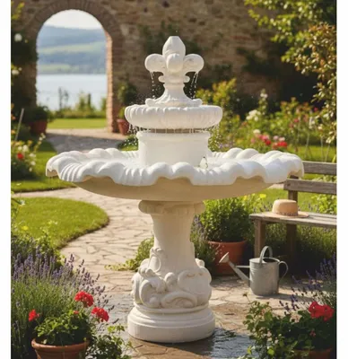 Image de Fontaine de jardin Casa Padrino, style baroque, avec motif de lys, blanche, diamètre 130 cm, hauteur 140 cm. Fontaine de jardin ronde, idéale pour la décoration de jardin et de terrasse
