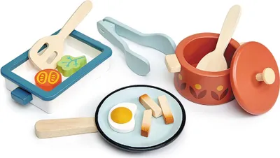 Produktbild von Tender Leaf Holz Töpfe und Pfannen Spielset für Kinder - buntes Küchenspielzeug