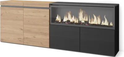 Produktbild von Sideboard, Highboard, 208x35x75cm, 4 Türen, Elektrokamin XXL, Eiche und Schwarz
