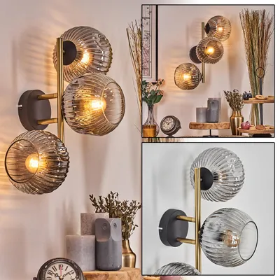 Produktbild von Villamare Wandlampe aus Metall/Riffelglas in Schwarz/Gold-/Rauchfarben/Klar