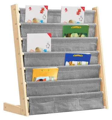 Obrázek produktu pro Dětská knihovna – knihovna s čelní stěnou pro děti – dřevěný rám – látkové kapsy – k sestavení – 75 x 30 x 76 cm – šedá