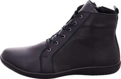 A side view of a black leather ankle boot.