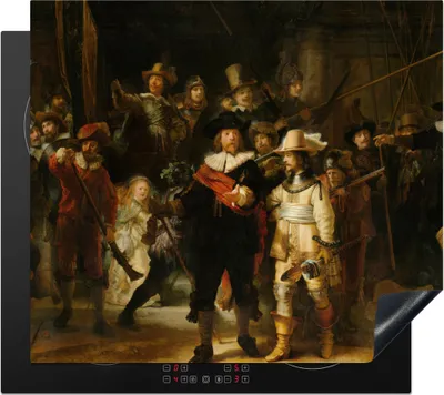 Produktbild von KitchenYeah© Herdabdeckplatte Die Nachtwache - Gemälde von Rembrandt van Rijn , 58x51cm, Küche Deko, Glaskeramikkochfeld Herdabdeckung, Abdeckplatte fùr Kochfeld