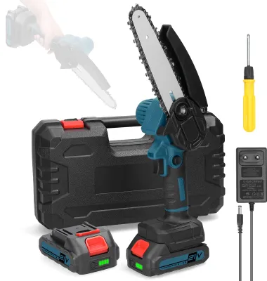 Produktbild von Mini Kettensäge, 6 Zoll 21V Elektro-Kettensäge mit 2x Batterie 1x Kette 1x Führungsplatte 1x Ladegerät und 1x Aufbewahrungsbox, Tragbare Handgeführte Akku Kettensäge