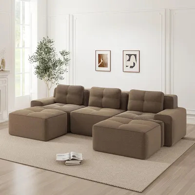 Produktbild von Modulares Cloud-Sofa U-förmig, Corduroy Polstersofa 3-Sitzer mit Hocker, Wohnlandschaft ohne Montage
