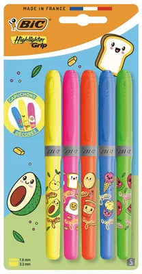 Image de Surligneurs Grip Neon Kawaii, lot de 5, BIC