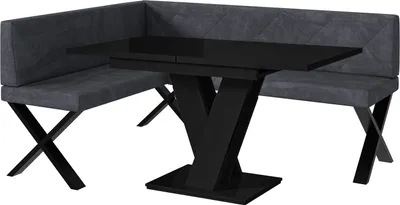 Produktbild von MEBLINI Eckbank für Esszimmer mit ausziehbarem Tisch  - Küchenbank - Essecke - Sitzecke Küche - ERIC - X-Beine 128x168x87cm Links - Dunkelgrau Samt/M Schwarz Hochgl.