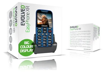 Product packaging for a mobile phone, with the phone and its charging dock displayed.