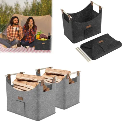 Image de XINZI 2x Panier à bois pour bois de chauffage, XXL Panier à bois de chauffage pliable Panier en feutre extra épais et poignée renforcée, sac en feutre (50x32x40 cm, gris clair)