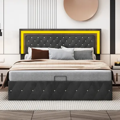 Produktbild von Polsterbett 160 x 200 cm mit Stauraum, LED Doppelbett Jugendbett mit Bettkasten, mit Kopfteil und Lattenrost, mit Knopfheftung, Moderne Schlafzimmermöbel, Samt-Bezug, Schwarz