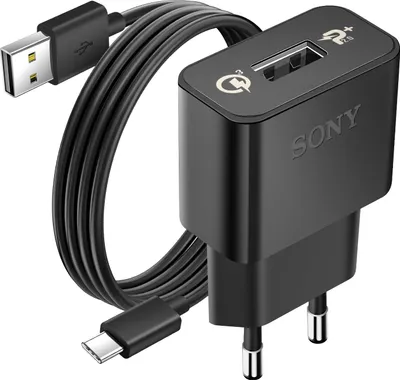 A black Sony USB charger and USB-C cable are displayed against a white background.