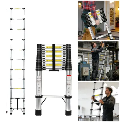 Zdjęcie produktu dla Drabina teleskopowa, stal nierdzewna, nośność 150 kg, 3,8 m, bez haków