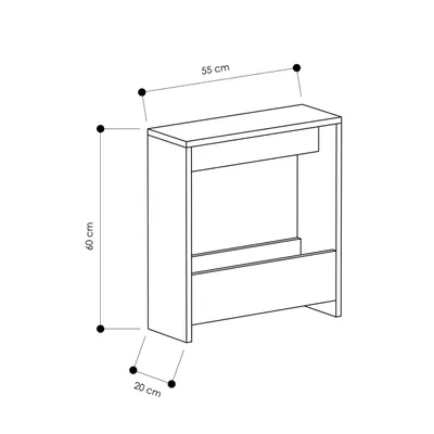A line drawing of a small cabinet with dimensions indicated.
