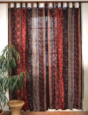 Produktbild von Boho Patchwork Vorhänge, 1 Paar Bohemia Gardine aus Sareestoff, Unikat 300 cm - Dunkelrot, Polyester, Dekovorhänge