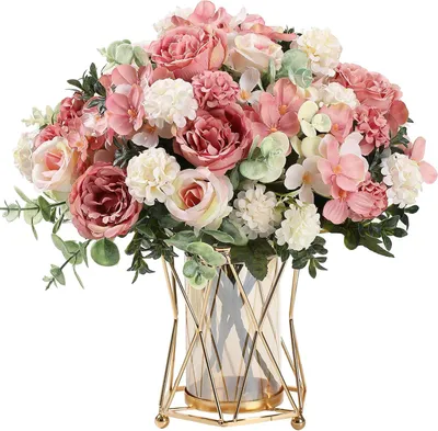 Image de 2 bouquets de roses artificielles, pivoines, fleurs roses, pivoines artificielles, hortensias factices, bouquet de fleurs en soie pour la décoration de la maison, du mariage ou d'une fête