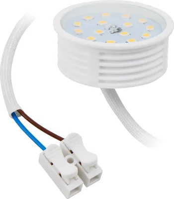 A close-up view of a white LED light module with exposed wires and connectors.