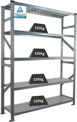 Produktbild von Fachbodenregal PROXIMO mit  Stecksystem | Grundregal | HxBxT 200x150x40cm | 5 Ebenen | Fachlast 130 kg | Beidseitig nutzbar | Verzinkt