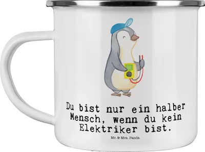 Produktbild von Mr. & Mrs. Panda Emailletasse Elektriker Herz - Weiß - Geschenk, Ausbildung, Emaille Tasse, becher, Haferl, Spruch, Teetasse, Elektrotechniker, Pott, Campingbecher